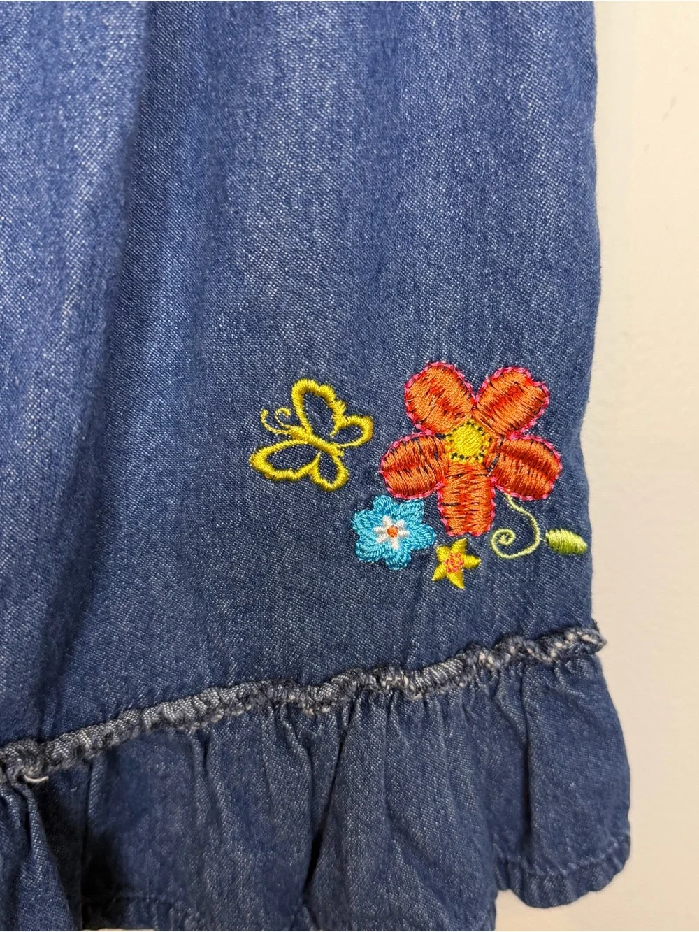 Vintage Y2K Okie Dokie Baby Girls Denim Chambray Embroidered Dress 18 Months